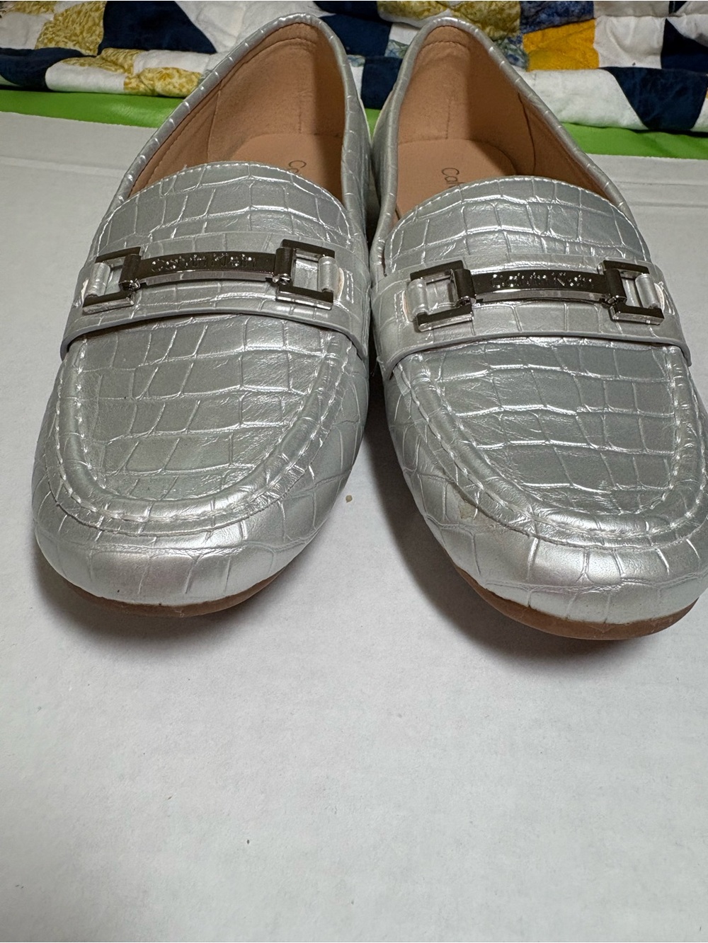 Calvin Klein Woman’s 9M Silver Croc-Embossed Slip-On Loafers with Metal Accent